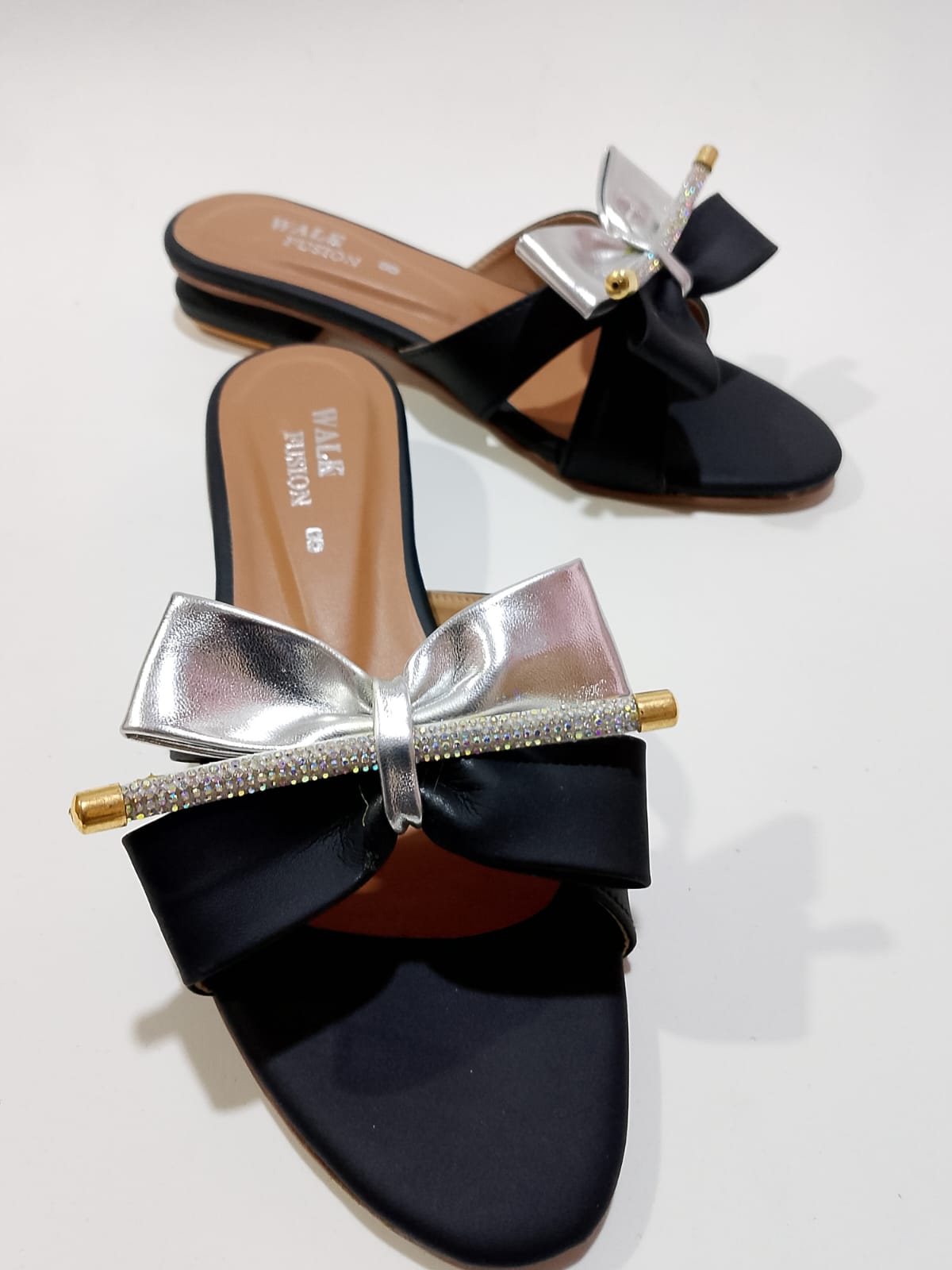 Black Bow Slide Sandals with Crystal Accent For Women - Image 2
