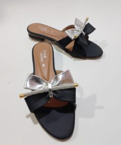 Black Bow Slide Sandals with Crystal Accent For Women