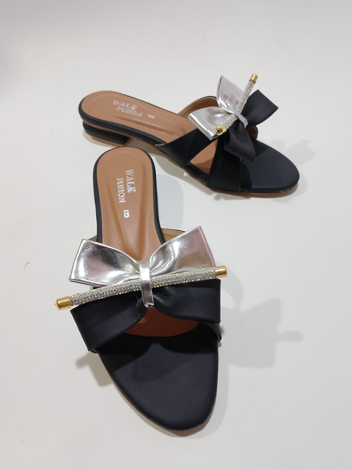 Black Bow Slide Sandals with Crystal Accent For Women