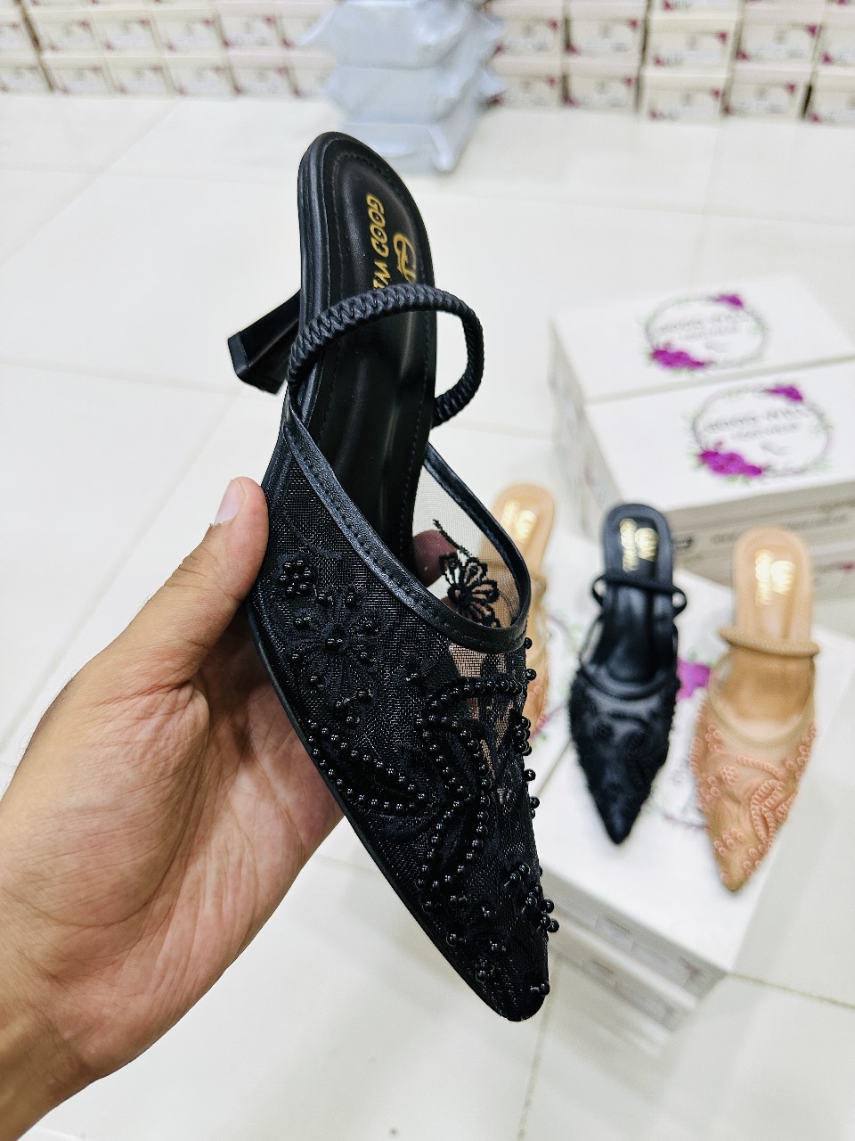 Elegant Black Hand-Embroidered Kitten Heels for Women - Image 4