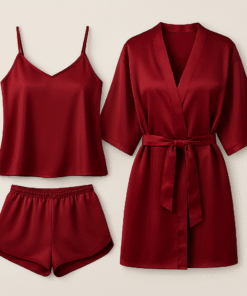 3-Piece Satin Sleepwear Set – Camisole, Shorts & Robe