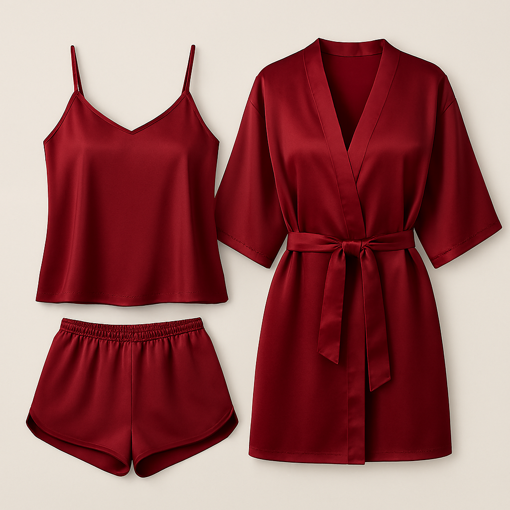 3-Piece Satin Sleepwear Set – Camisole, Shorts & Robe
