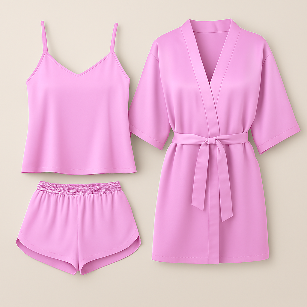 3-Piece Satin Sleepwear Set – Camisole, Shorts & Robe - Image 2