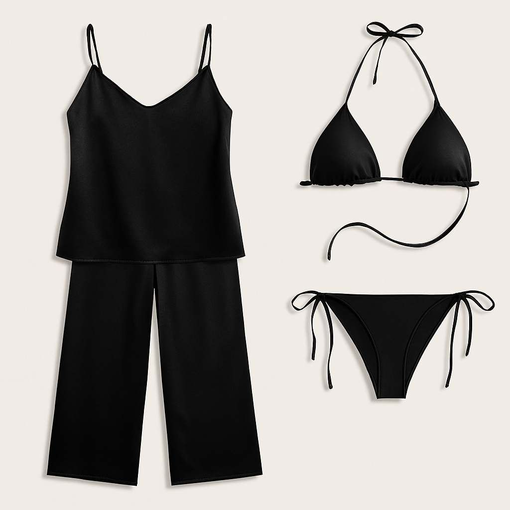 Satin Silk Camisole & Pajama with Bikini Set