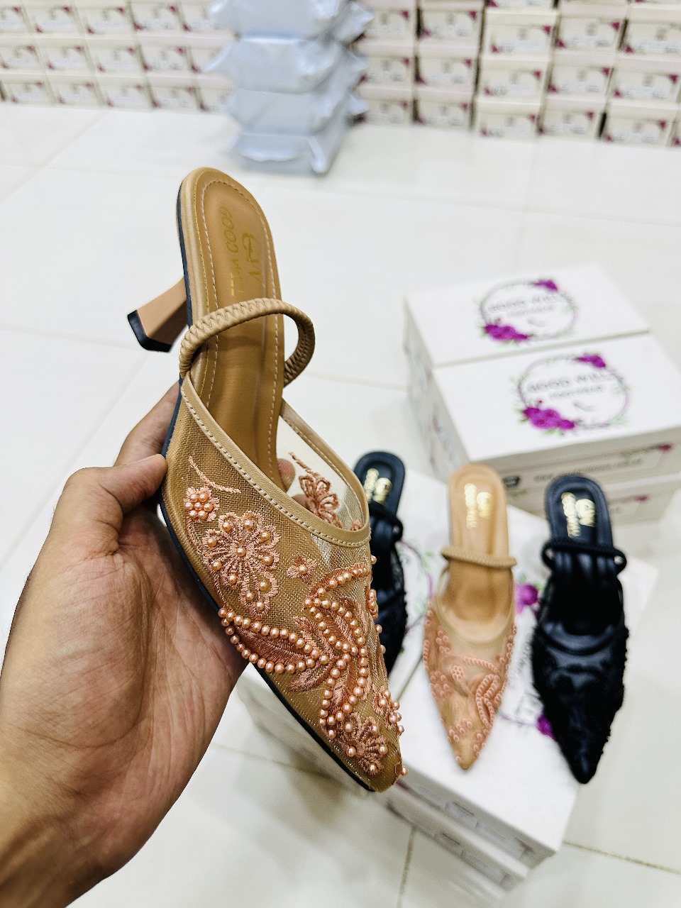 Elegant Fawn Hand-Embroidered Kitten Heels for Women - Image 3