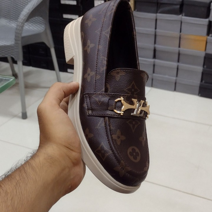 Women’s Brown Loafers with Gold Metallic Buckle - Image 2