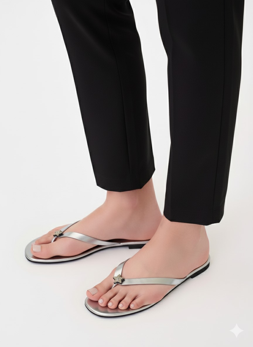 Silver Color Women’s Slippers, Stylish And Comfortable Flat Sandals