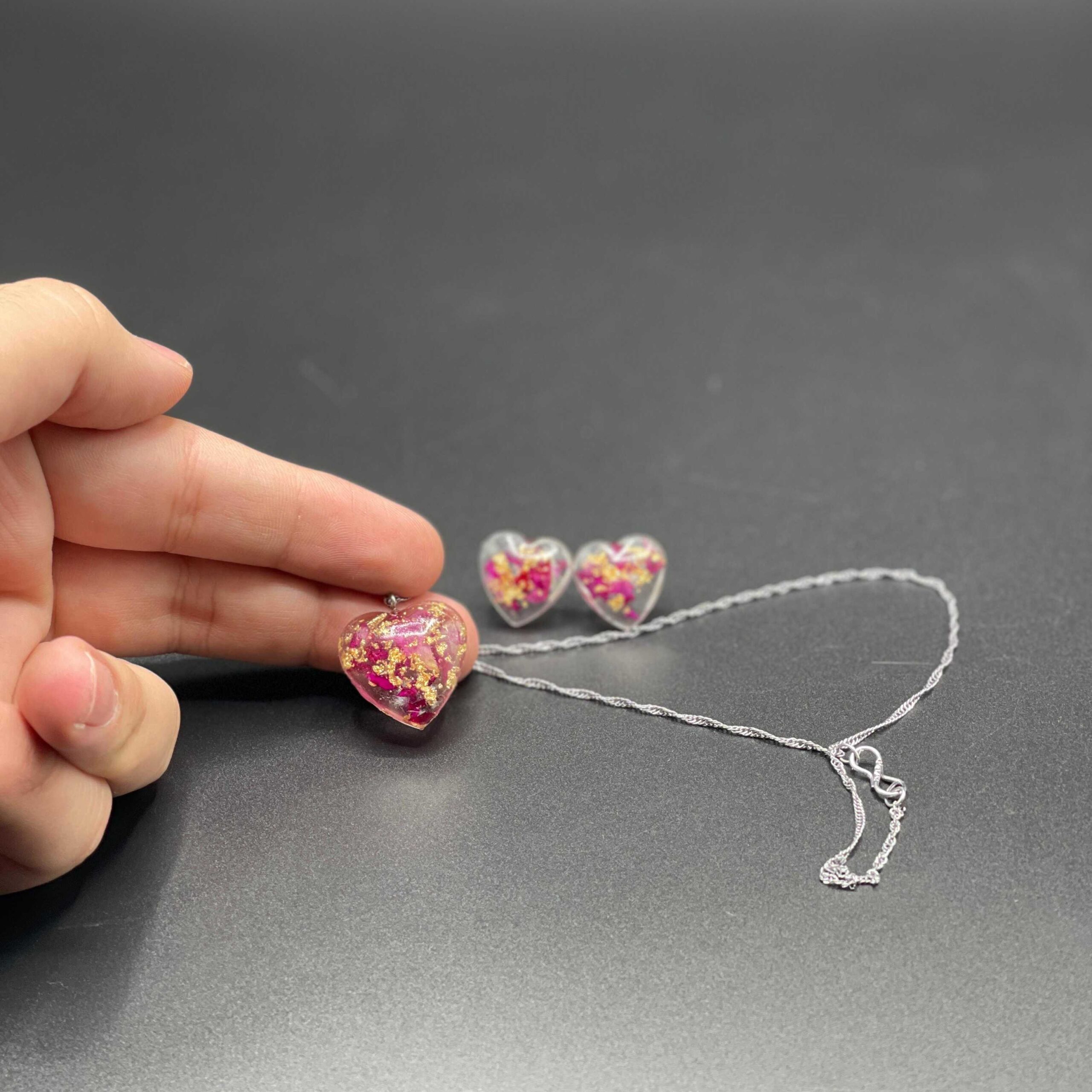 Handmade Heart Resin Jewellery Set With Dried Flowers And Gold Foil - Image 2