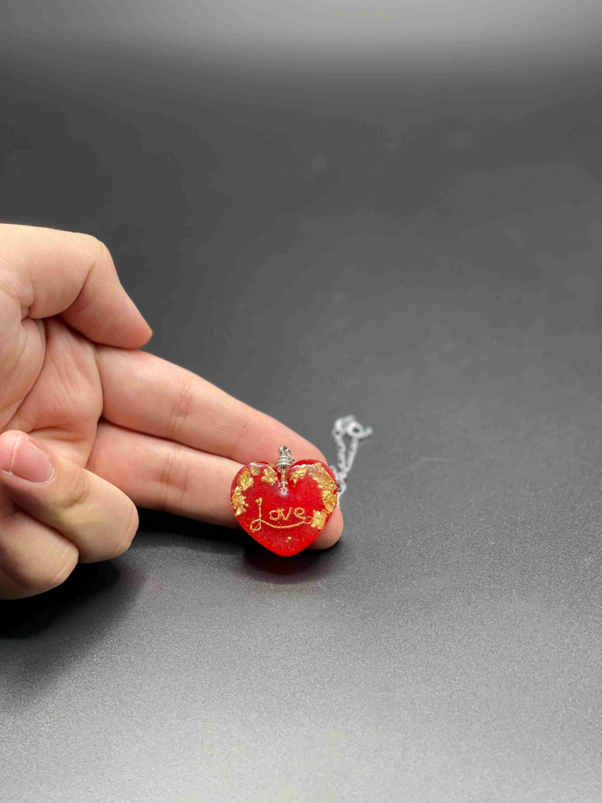 Handmade Red Heart Pendant Necklace with Gold Flakes & Love Engraving - Image 2