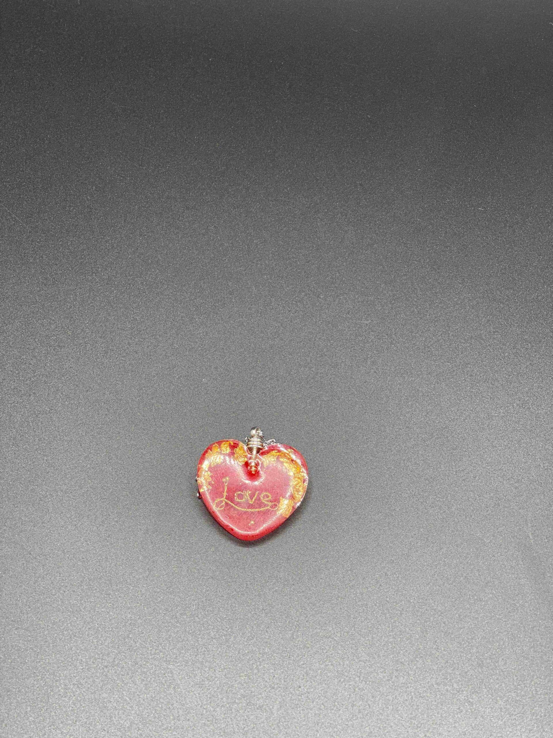 Handmade Red Heart Pendant Necklace with Gold Flakes & Love Engraving - Image 3