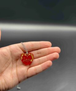 Handmade Red Heart Pendant Necklace with Gold Flakes & Love Engraving