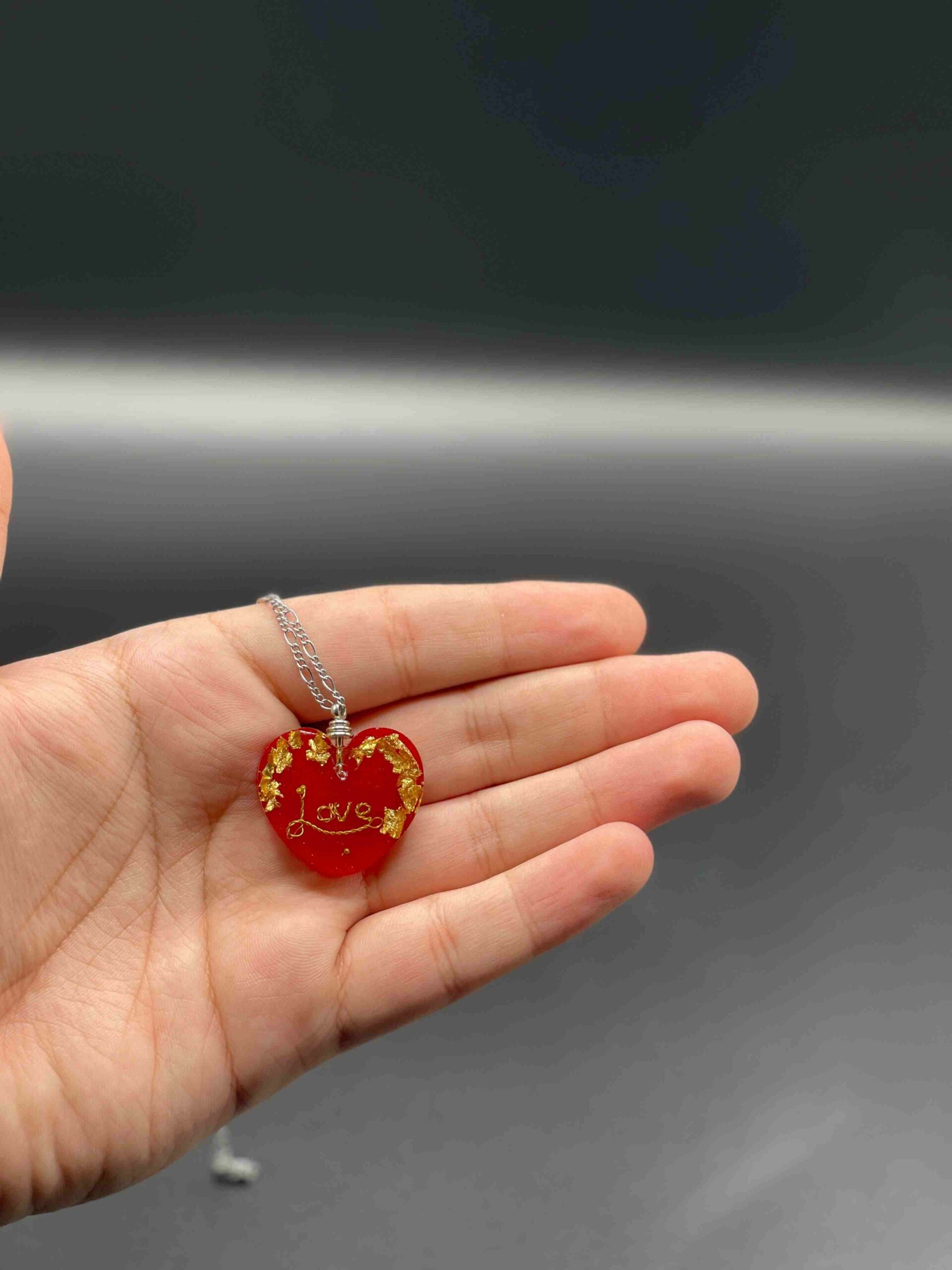 Handmade Red Heart Pendant Necklace with Gold Flakes & Love Engraving
