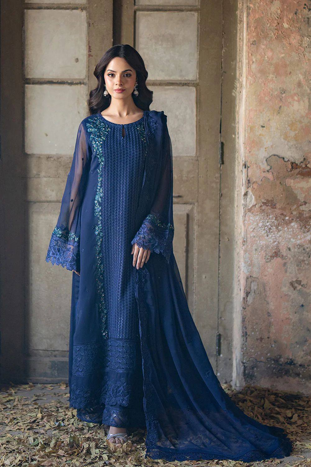 Azure - Semi Pure Embroidered Chiffon Suit