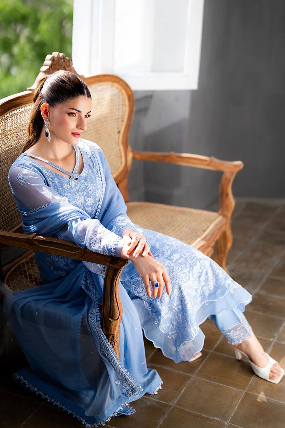 Azure - Semi Pure Embroidered Chiffon Suit - Image 2