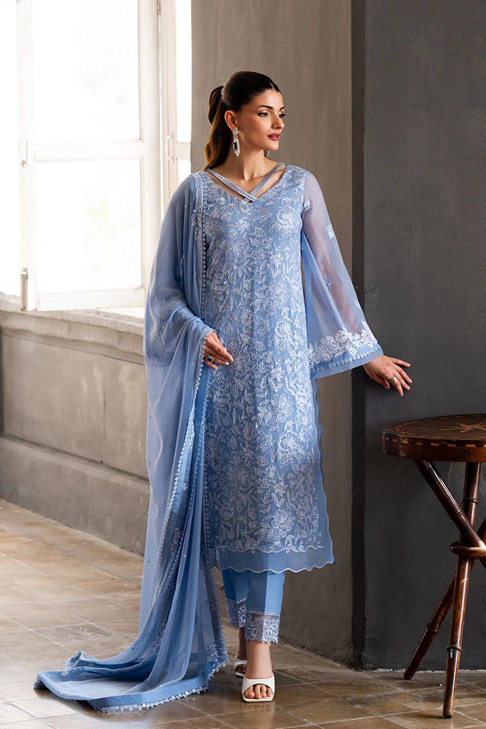 Azure - Semi Pure Embroidered Chiffon Suit