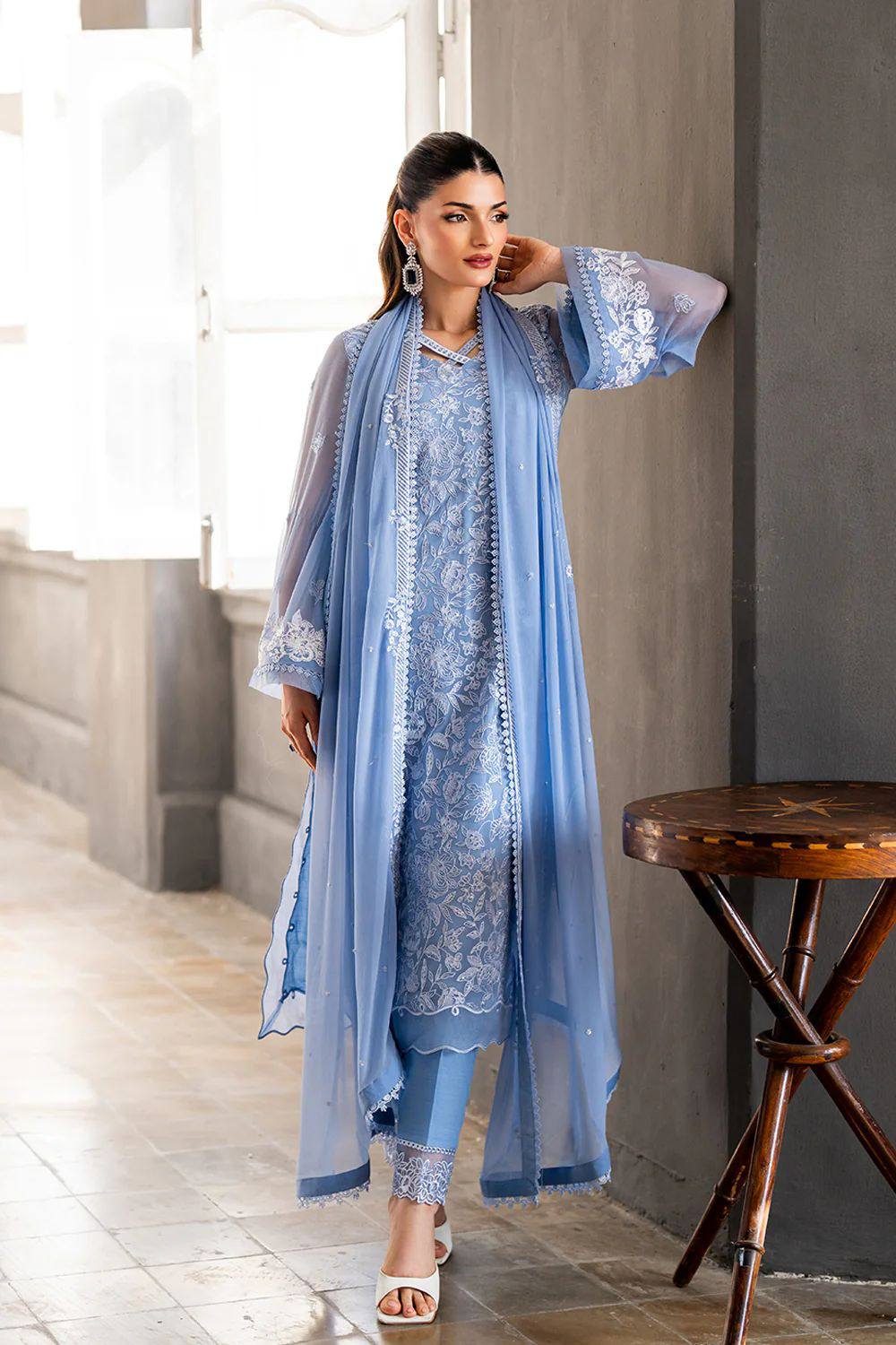 Azure - Semi Pure Embroidered Chiffon Suit - Image 3