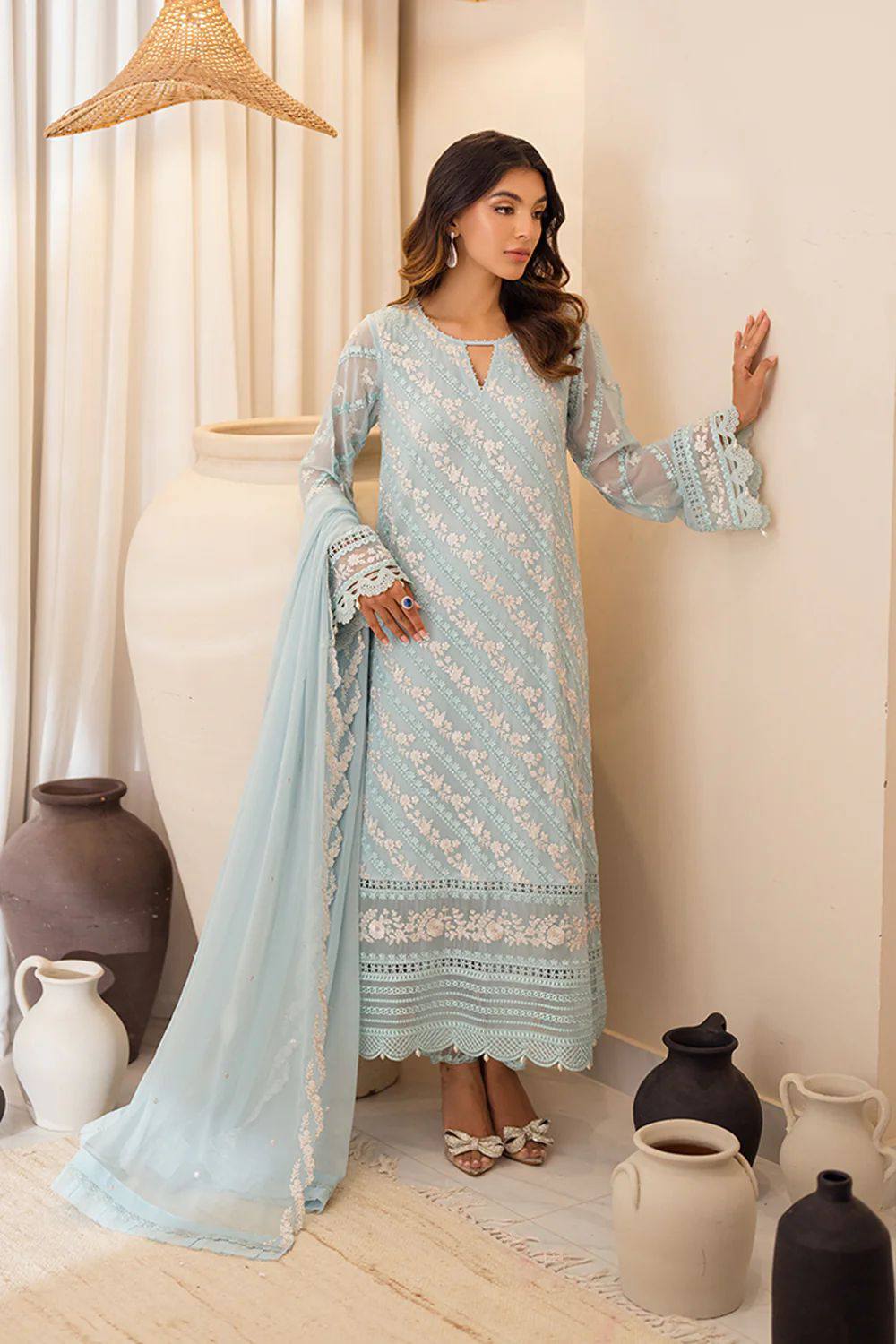 Azure - Semi Pure Embroidered Chiffon Suit