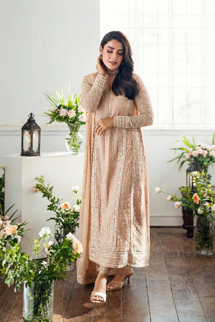 Azure - Semi Pure Embroidered Chiffon Suit