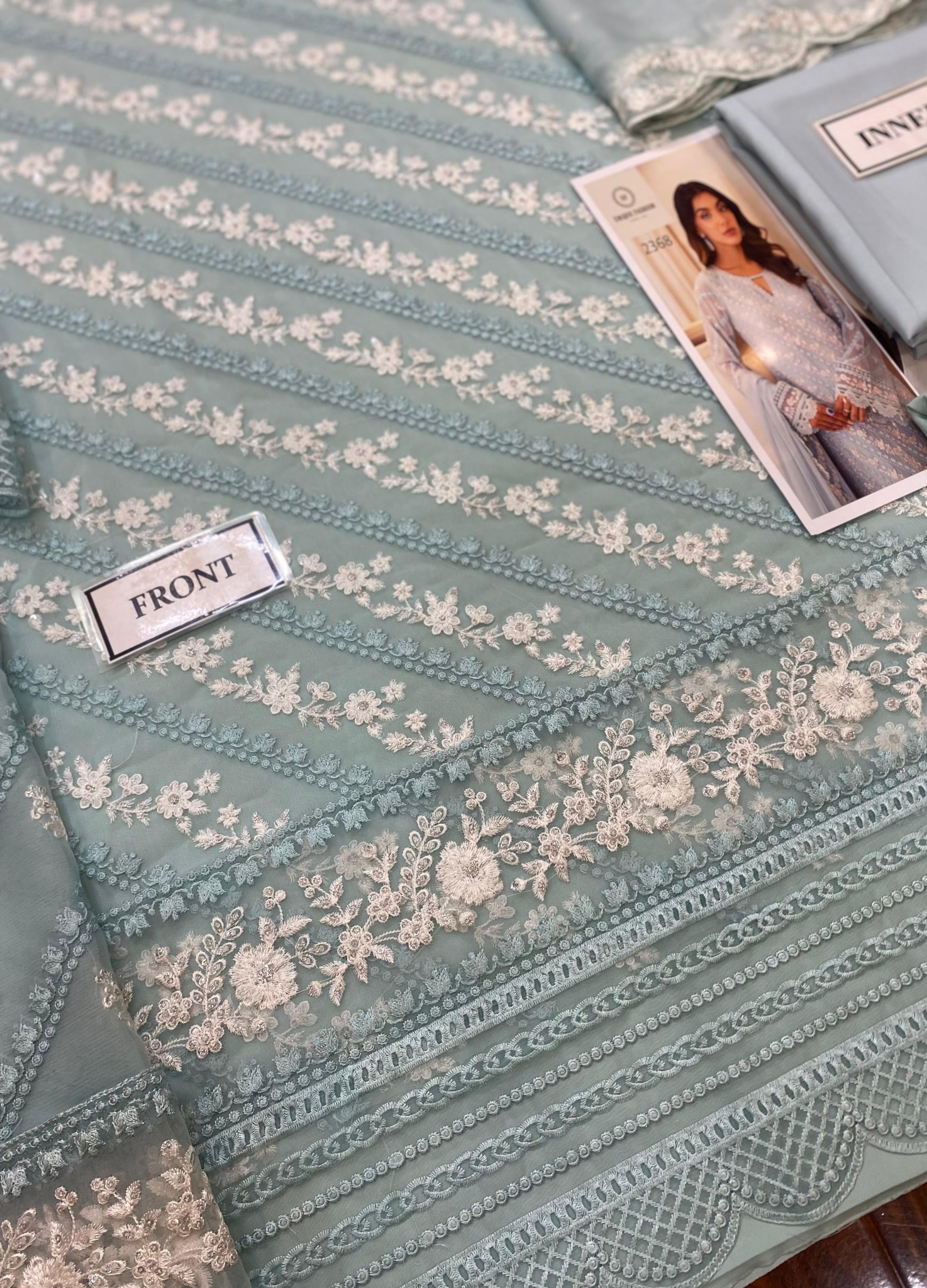 Azure - Semi Pure Embroidered Chiffon Suit - Image 11