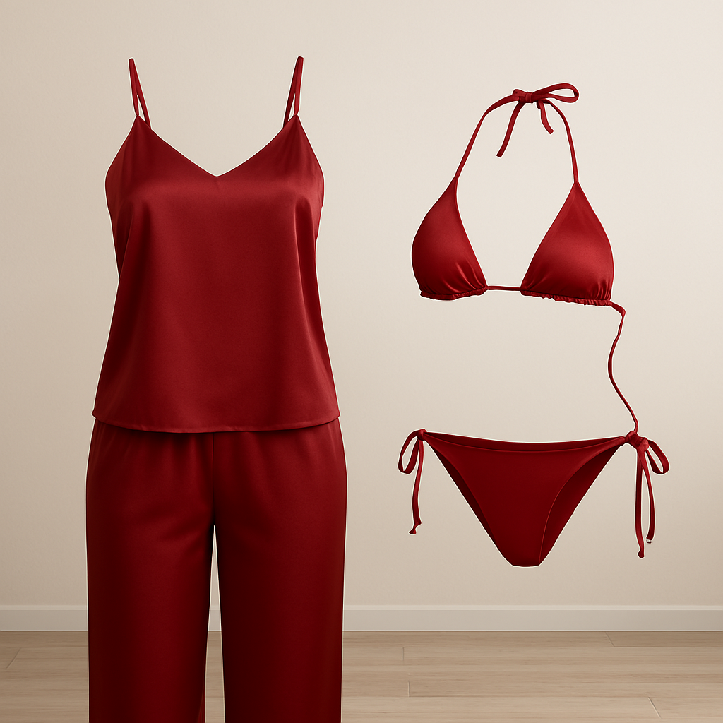 Satin Silk Camisole & Pajama with Bikini Set - Image 5
